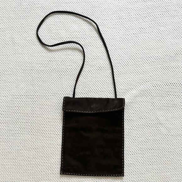 Helen Kaminski Brown Nubuck Soft Leather Contrast White Stitch Crossbody Pouch - Picture 1 of 10